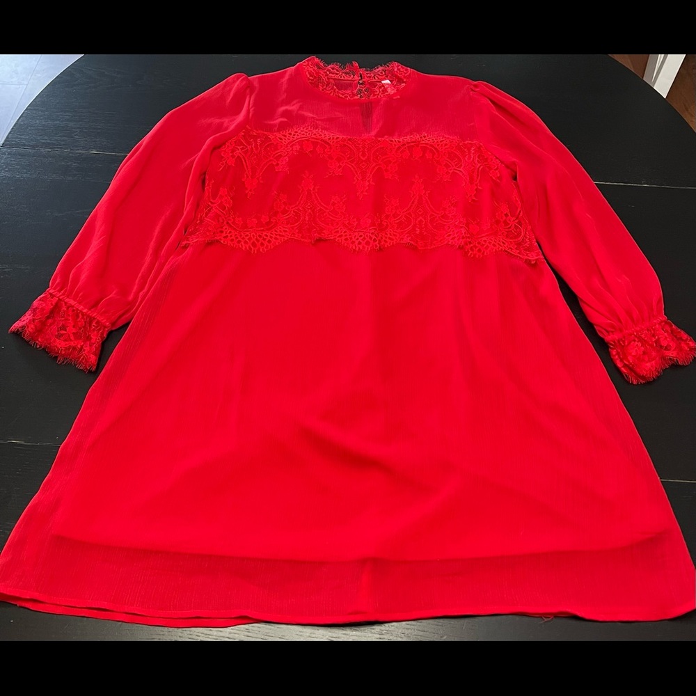 Red Lace/Chiffon Bishop Sleeves Retro Shift Mini Dress